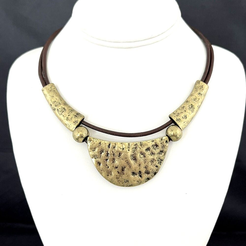 New Statement Necklace Leather Hammered Antique Brass Boho 4E
